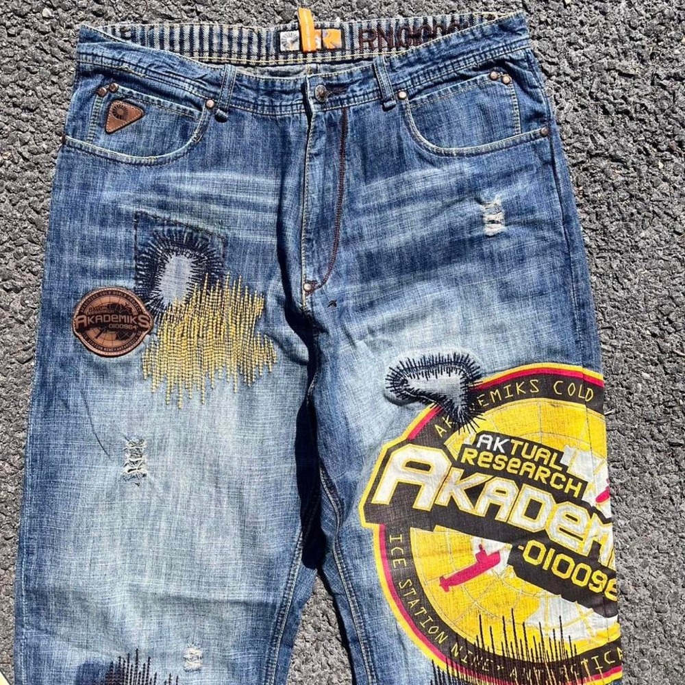 Y2K 2000s Akademiks Graphic Patchwork Baggy Jeans size 36" x 32"